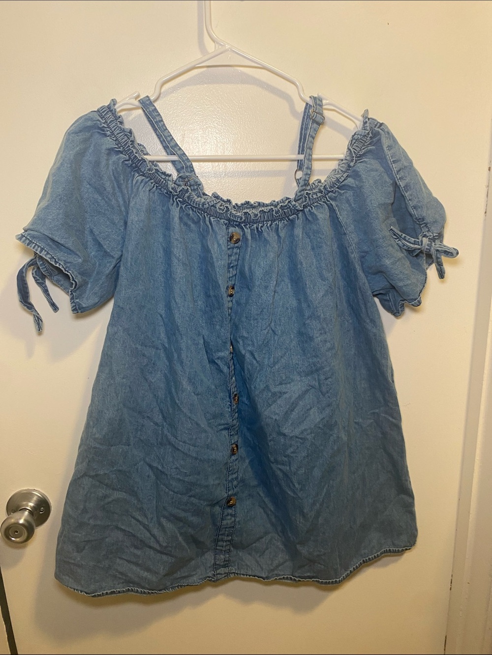 Denim Off-Shoulder Button-Front Peasant Top - Light Blue